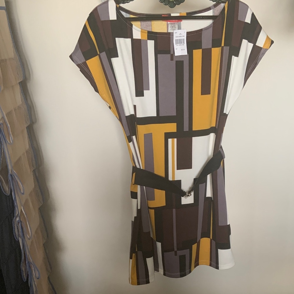 Rainbow Geometric Block Mini Dress in Mustard, Brown & White